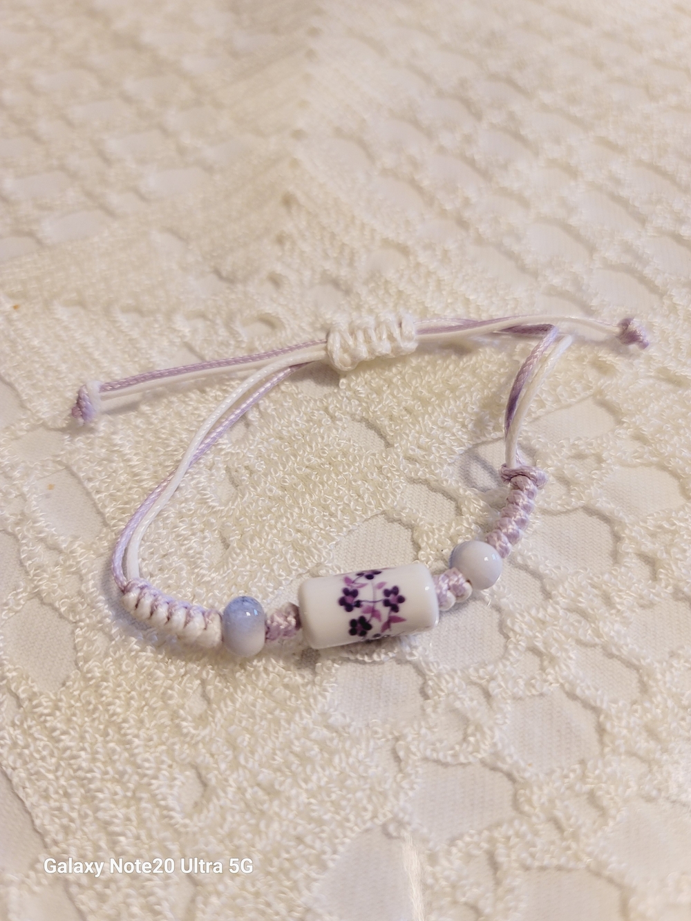 Adjustable Lavender Beaded Bracelet with Floral Ceramic Charm